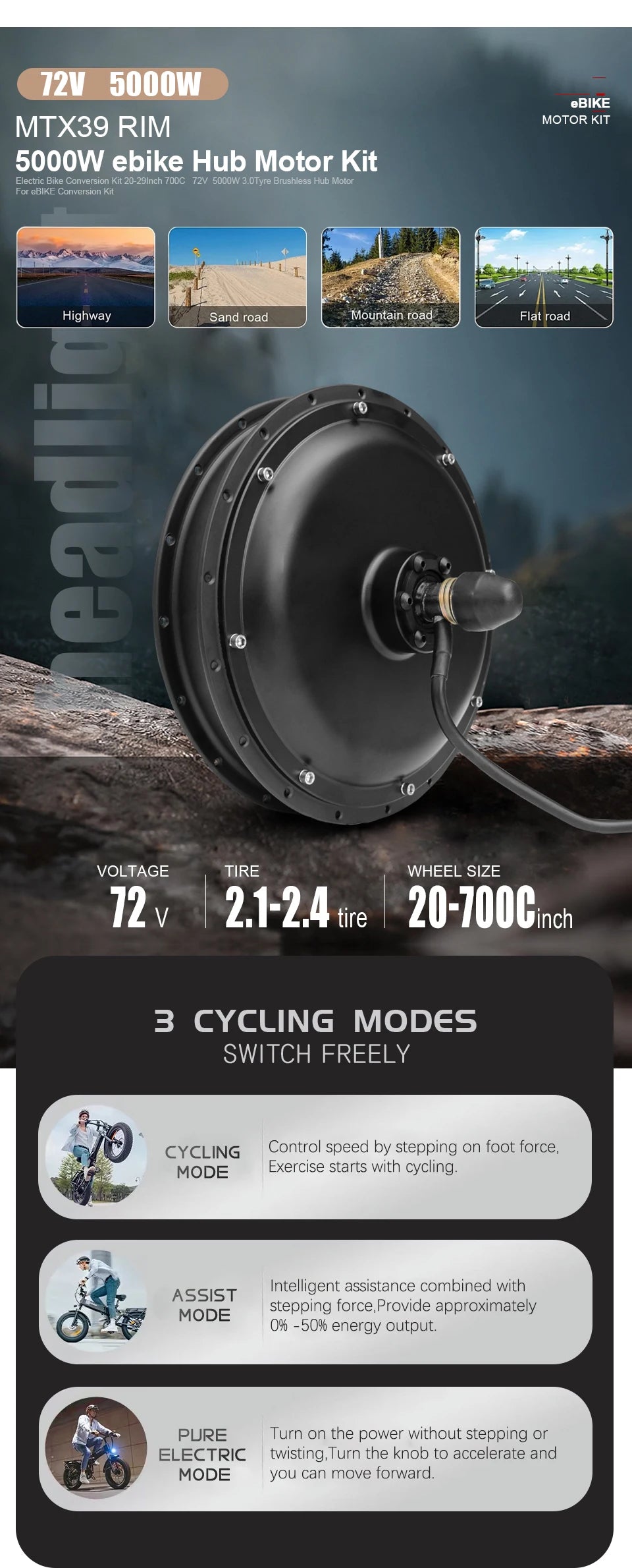 MTX Ebike Conversion Kit 72V 5000W Brushless Rear Rotate Hub Motor Wheel Dropout 150mm for Electric Bike Conversion Kit 27.5inch