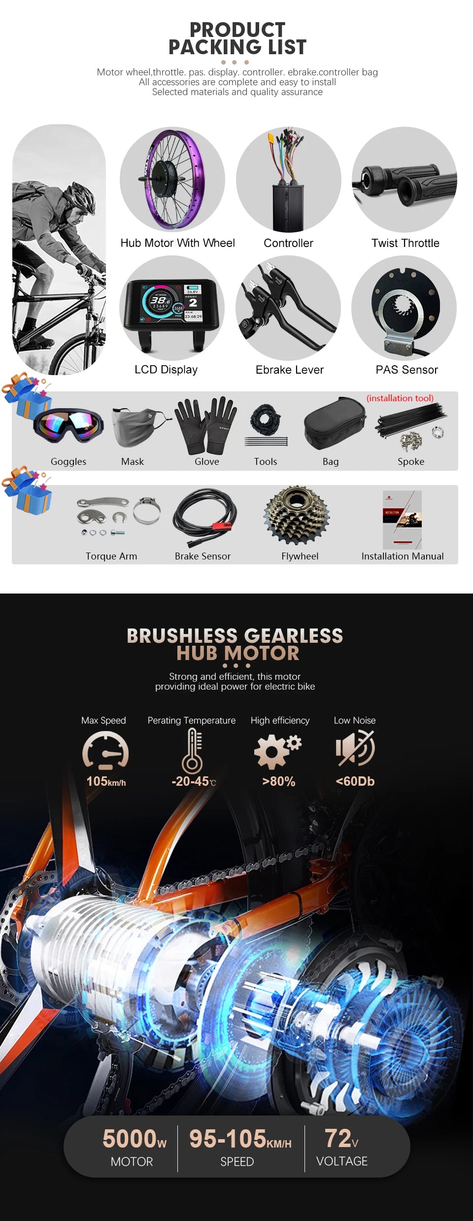 MTX Ebike Conversion Kit 72V 5000W Brushless Rear Rotate Hub Motor Wheel Dropout 150mm for Electric Bike Conversion Kit 27.5inch