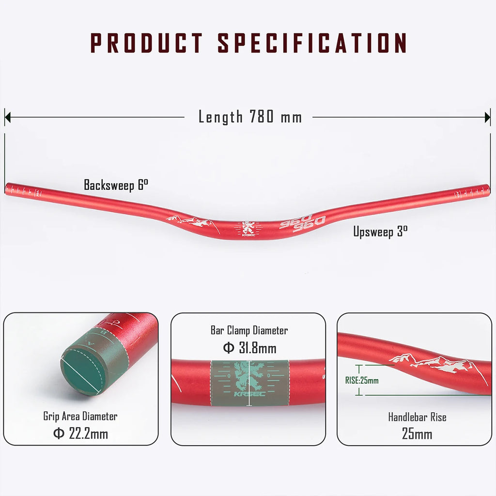 KRSEC31.8MM Mountain Bike Handlebar Aluminum Alloy Bicycle Riser Handlebar 25MM Rise 780MM Length Bicycle MTB Handlebar