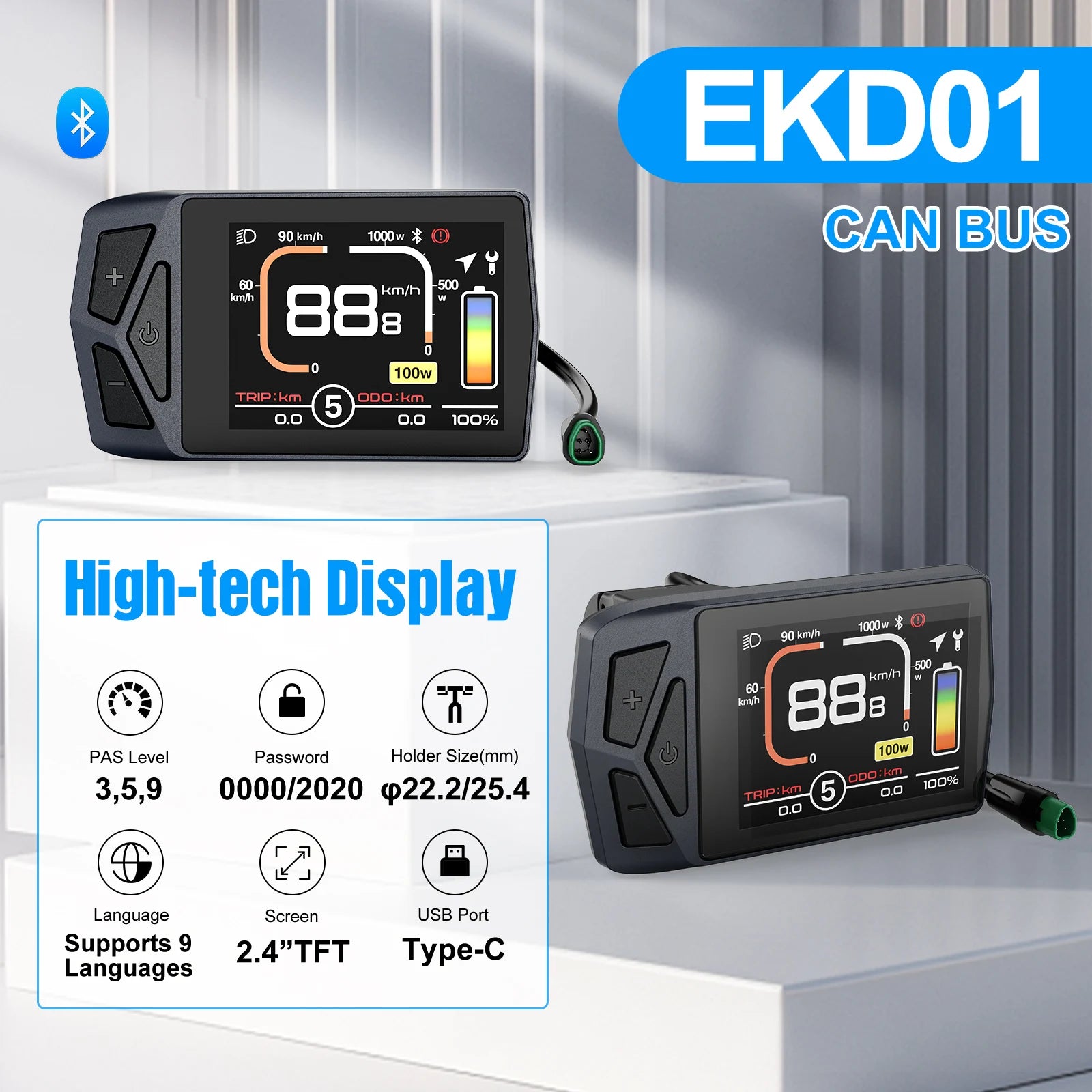 EKD01 Electric Bike Display CAN / UART Bluetooth Navigation Multilingual eBike Computer 9 PAS For BAFANG Motor Protocol 5PIN IP6