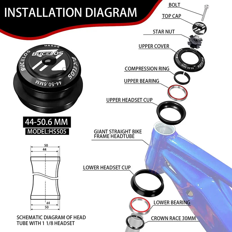 BUCKLOS Bike Headset 1-1/8" Sealed Bearing Aluminum Alloy MTB Bicycle Bowl Set Headset 34/44/50.6/52/55/56mm Fork Cycling Parts