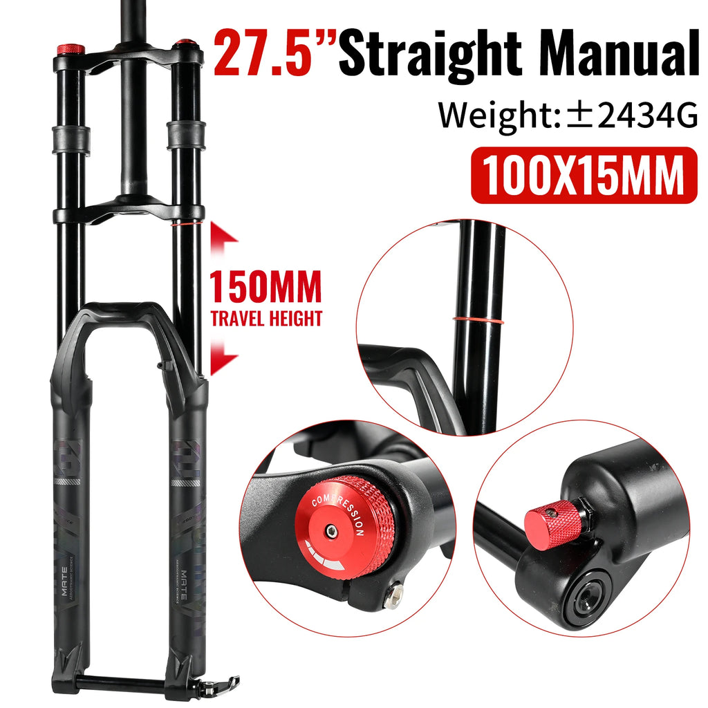 NanLio Double Shoulder Snow Front Fork 27.5inch / 29*2.5 inch MTB Fork 150mm Travel Air Supension Bike Fork E-bike Fork 15/9MM