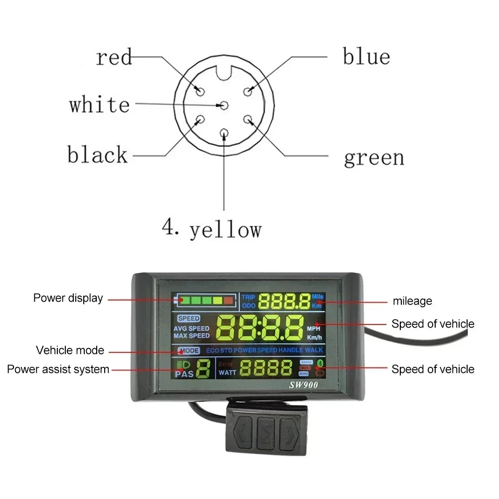 1 Set E-Bike SW900 LCD Colorful Display Control Panel 24-60V Electric Bicycle Scooter 5pin/6pin SM Plug Bicycle Accessories