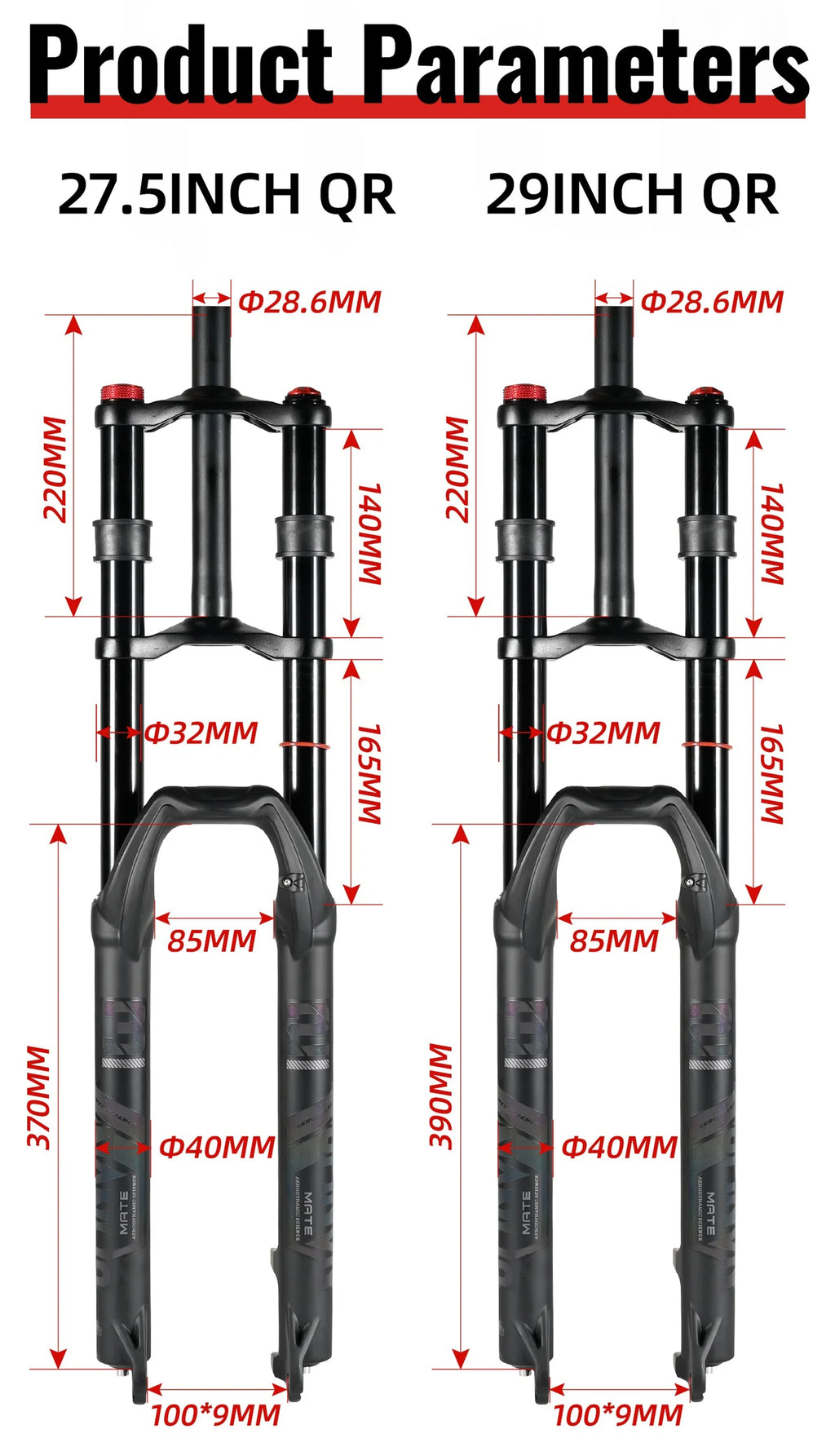 NanLio Double Shoulder Snow Front Fork 27.5inch / 29*2.5 inch MTB Fork 150mm Travel Air Supension Bike Fork E-bike Fork 15/9MM